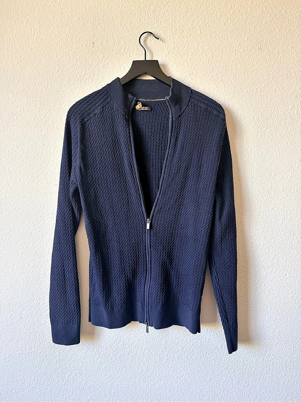 Massimo Dutti Navy Zip-Up Cable Knit Cotton Sweater Size L
